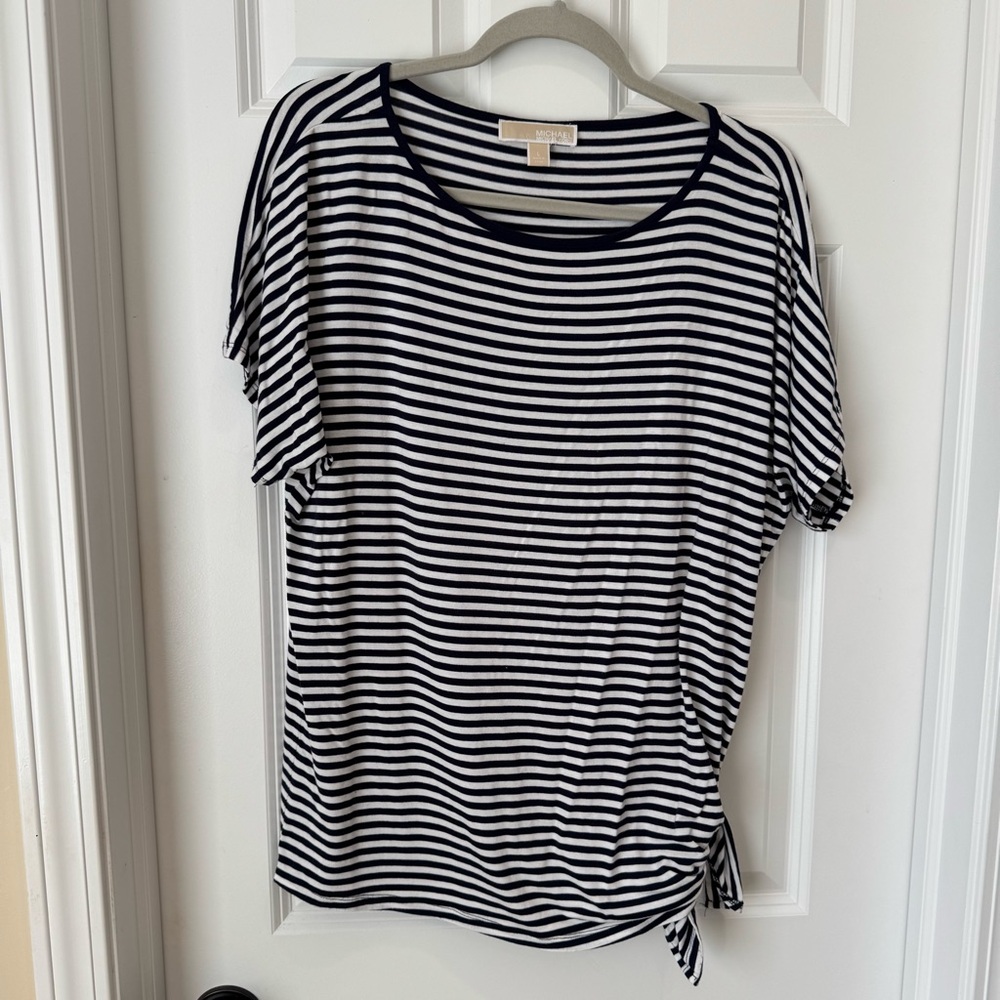 Michael Kors Crew Neck Blue White Striped‎ Front Tie Top - Large